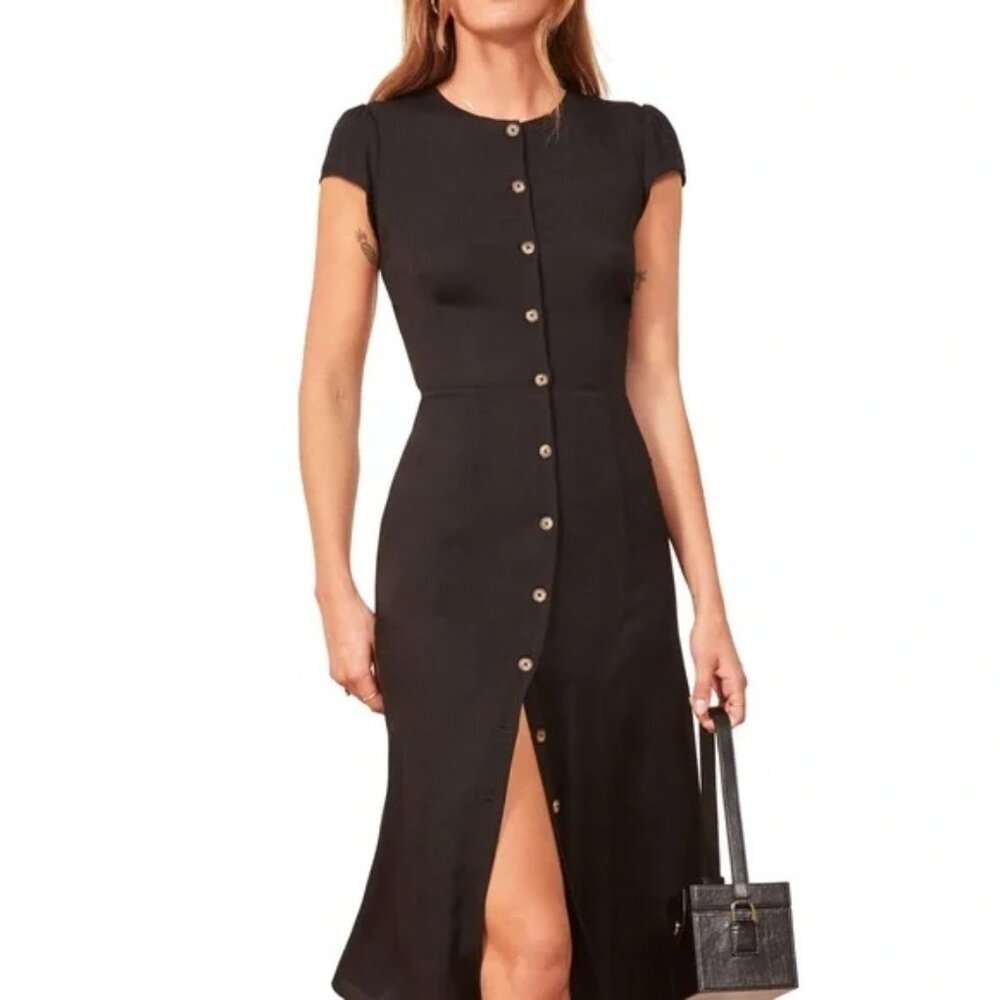 Reformation Fauna Front Button Crepe Midi Dress size 8 in Black
